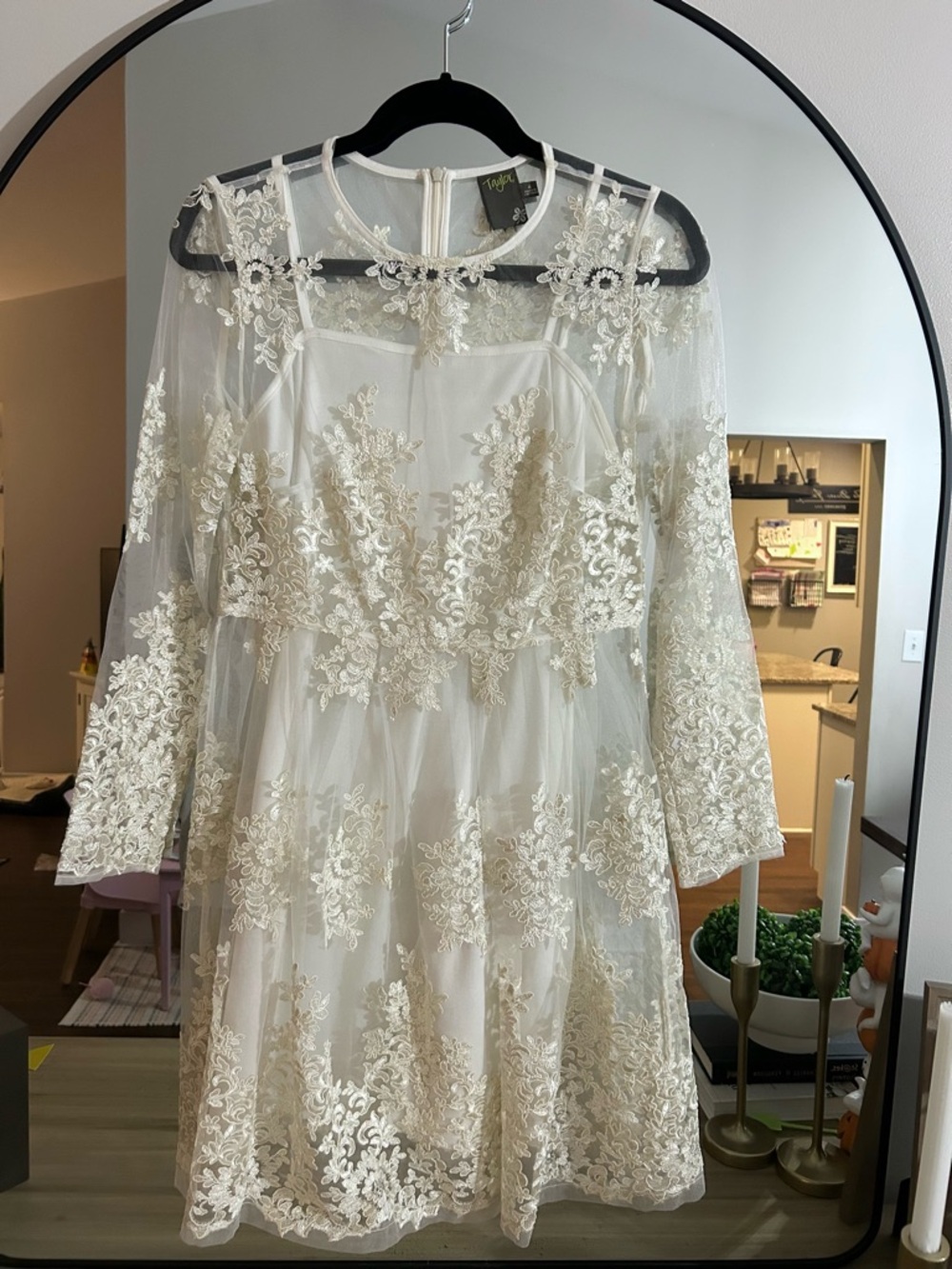 Taylor Ivory Lace Long Sleeve Dress with Sheer Overlay size 4